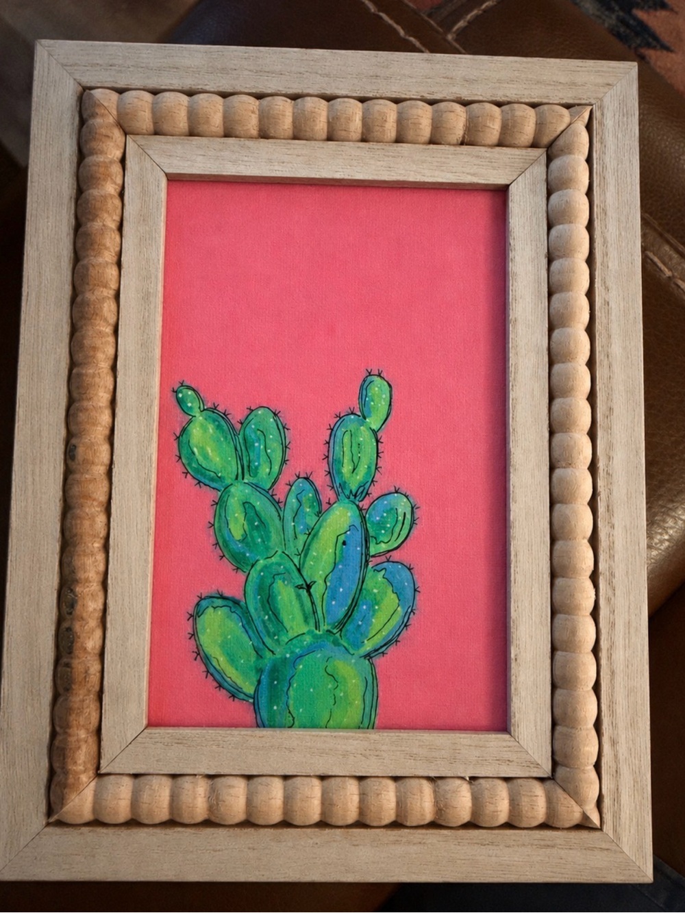 DESERT DARLING-Hand-Painted Green Cactus Wall Art in Natural Wood Frame